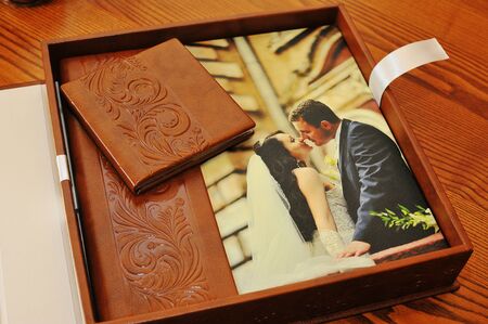 brown leather wedding photo book albumの写真素材