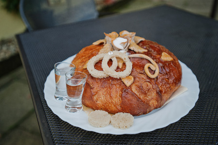 wedding loaf on the embroidered towelの写真素材