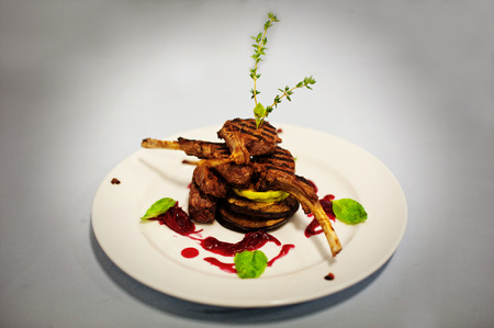 meat ribs with eggplant isolated on whiteの写真素材