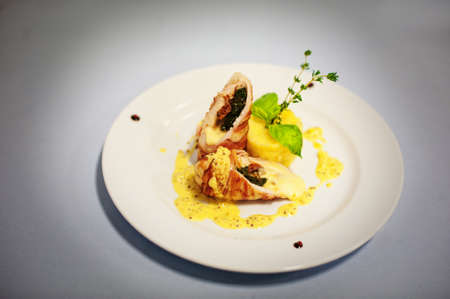 chicken meat with potato isolated on white backgroundの写真素材