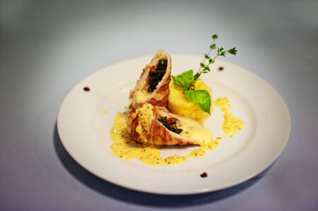 chicken meat with potato isolated on white backgroundの写真素材