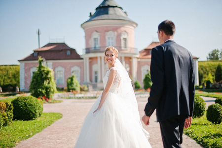 Groom and bride on the territory  exquisite castleの写真素材