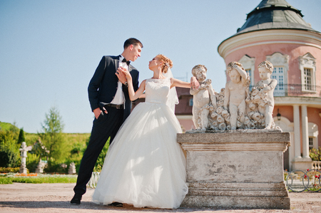 Groom and bride on the territory  exquisite castleの写真素材