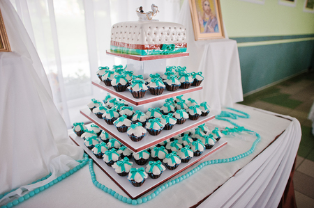 wedding cupcakes white and turquoiseの写真素材