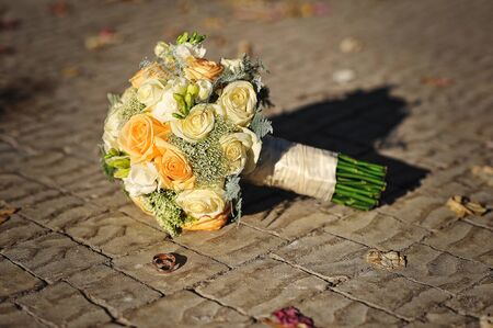 Wedding bouquet with ringsの写真素材