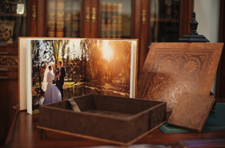 Brown natural leather classic wedding photobook and albumの写真素材