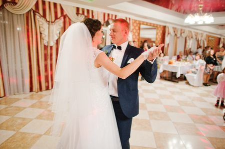 first wedding dance of newlywed at restaurantの写真素材