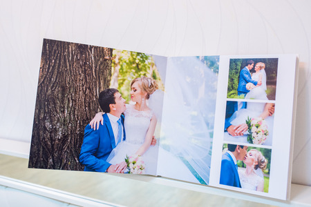 Classic white leather wedding photobook and albumの写真素材