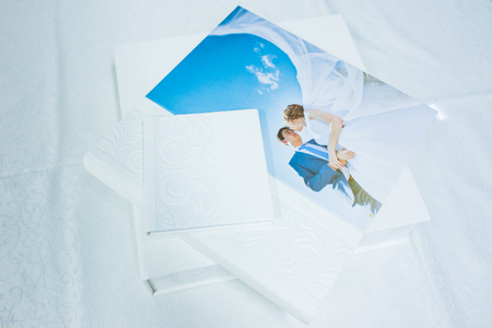 Classic white leather wedding photobook and albumの写真素材