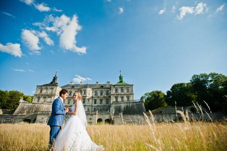 Tender wedding couple background old architecture of castleの写真素材