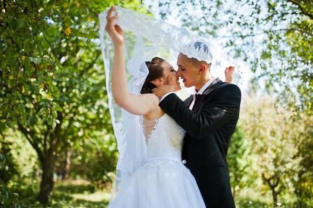 young happy wedding couple on the green parkの写真素材