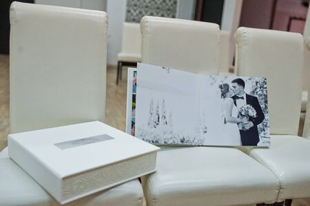 white leather wedding book and albumの写真素材