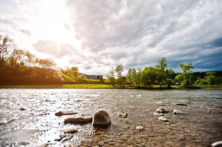 Mountain river in Carpathian mountains, Ukraineの写真素材