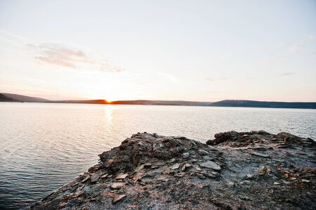 Sunset on river Dnister on reservoir Bakota, Ukraineの写真素材