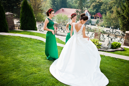 Bride in the courtyard of the mansion house with bridesmaidsの写真素材