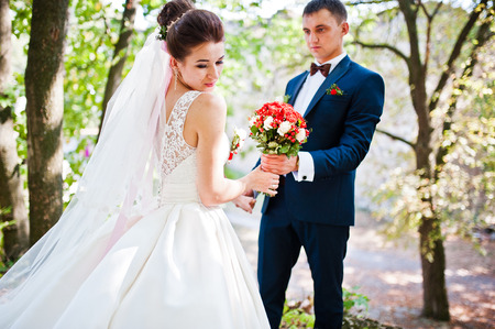 Gorgeous wedding couple at autumn park in loveの写真素材