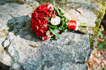Wedding bouquet with white and red rosesの写真素材