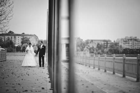 wedding couple background autumn lake with flag holderの写真素材