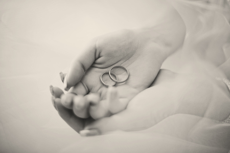 Wedding rings on soft hands of brideの写真素材