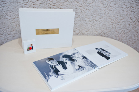 Luxury white leather wedding photo album and photo bookの写真素材