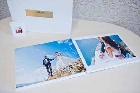 Luxury white leather wedding photo album and photo bookの写真素材