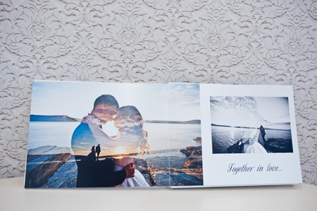 Luxury white leather wedding photo album and photo bookの写真素材