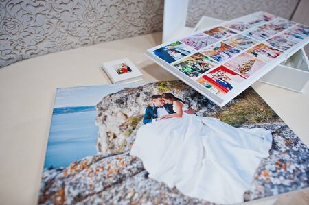 Luxury white leather wedding photo album and photo bookの写真素材