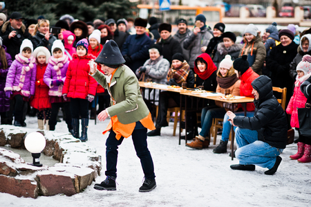 UKRAINE. LVIV - JANUARY 14, 2016: Christmas nativity scene parade of children on winter day.のeditorial素材