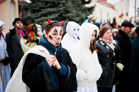 UKRAINE. LVIV - JANUARY 14, 2016: Christmas nativity scene parade of children on winter day.のeditorial素材