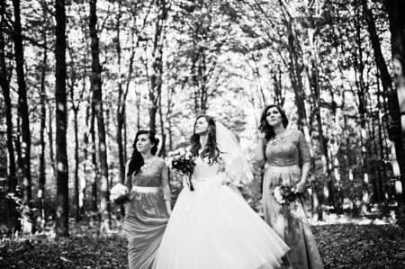 Bride with bridesmaids on turqoise dresses outdoorの写真素材
