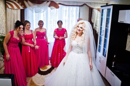 Pretty blonde bride with four magic bridesmaids having fun at roomの写真素材