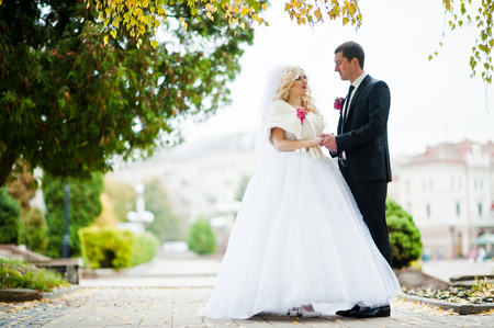 Charming wedding couple background golden leavesの写真素材