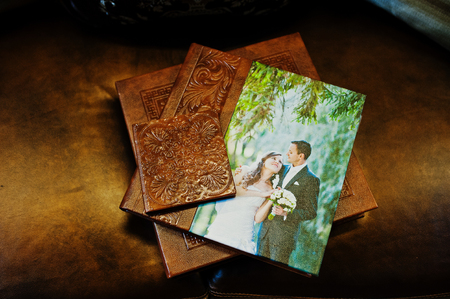 Brown leather wedding book and albumの写真素材