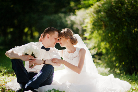 Close up portrait of lovely wedding coupleの写真素材