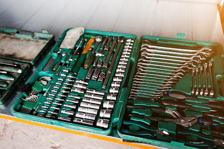 Metal rack with set of wrench spanners tools