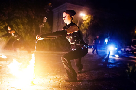 Presentable and awesome fire show at evening on wedding party.Photo with some noiceの写真素材