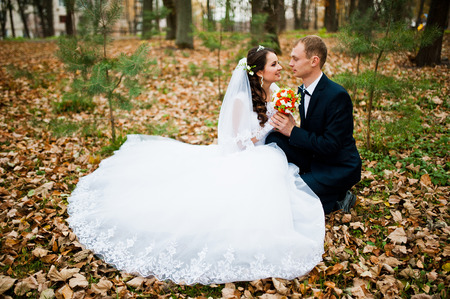 Happy wedding couple sitting at autumn forest with fell leaves from the treesの写真素材