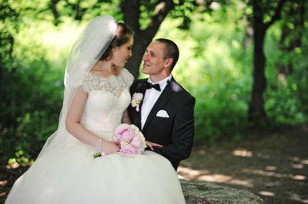Portrait of fashionable wedding couple at wood backgroundの写真素材