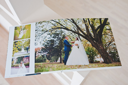 Dual pages of wedding photo book with wedding coupleの写真素材