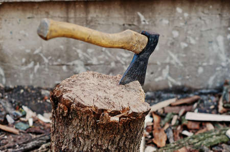 Axe in stump background chopped firewood.