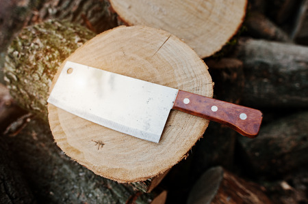 Kitchen hatchet knife machete at stump background chopped firewood.の写真素材