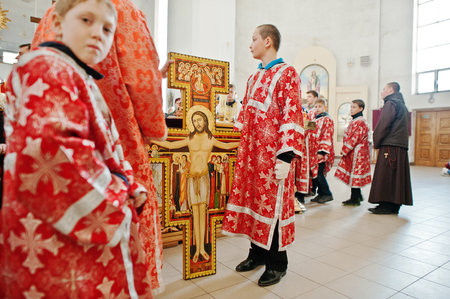 LVIV, UKRAINE - APRIL 27, 2016: Holy Week passion and death of Jesus Christ. Crucifixion of Jesus at churchのeditorial素材