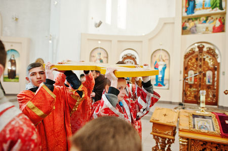 LVIV, UKRAINE - APRIL 27, 2016: Holy Week passion and death of Jesus Christ. Novices children  in ...