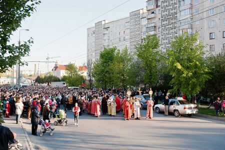 LVIV, UKRAINE - APRIL 27, 2016: Holy Week passion and death of Jesus Christ. Crowd of religious...
