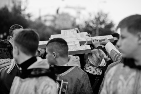 LVIV, UKRAINE - APRIL 27, 2016: Holy Week passion and death of Jesus Christ. Black and whiteのeditorial素材