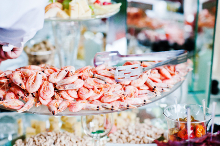Elegance wedding reception table with food shrimpの写真素材
