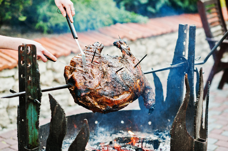 Roasting barbecue is prepared of a ram, lamb or sheepの写真素材
