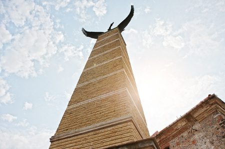 MUKACHEVO,UKRAINE - APRIL 11,2016: Statue of Turul eagle symbol of the Austro- Hungarian Empire and Hungary at Palanok castleのeditorial素材