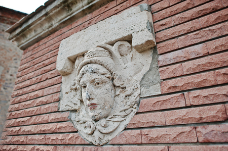 MUKACHEVO,UKRAINE - APRIL 11,2016: Statue of Turul, image of a human face from stone at Palanok castleのeditorial素材
