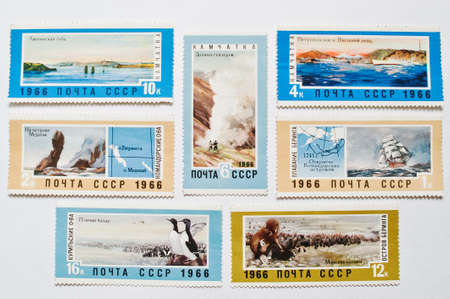 UZHGOROD, UKRAINE - CIRCA MAY, 2016: Collection of postage stamps printed in USSR shows Kamchatka and Bering Island, circa 1966のeditorial素材